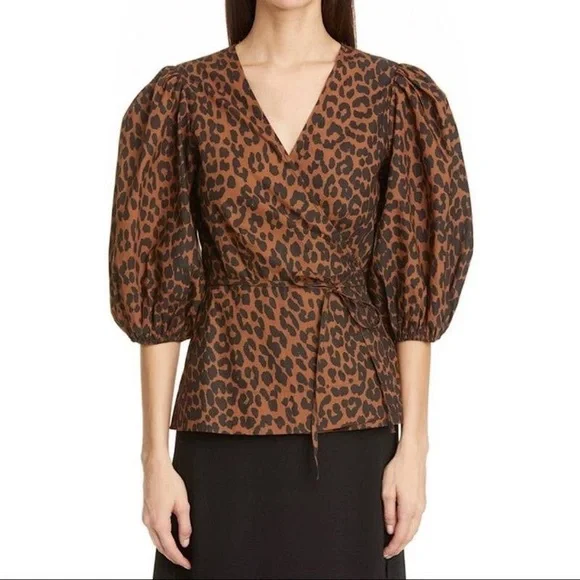 NWOT Ganni Leopard Print Balloon Sleeve Wrap Top, Size 34 - Picture 2 of 6